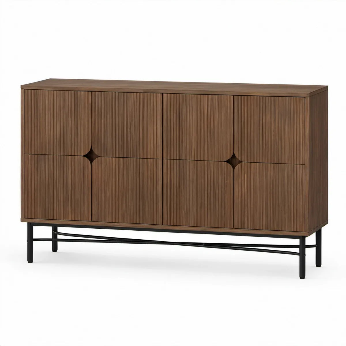 Příborník se 4 dvířky z MDF v dekoru ořechu, černá podnož, 160 × 40 × 85 cm