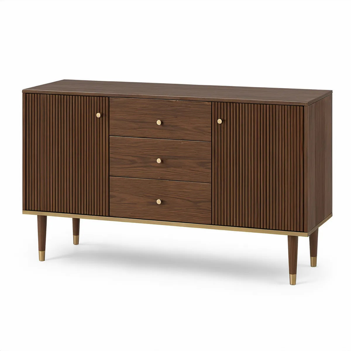 Komoda z MDF v dekoru tmavého ořechu se zlatými detaily, 3 zásuvky a 2 dvířka, 160 × 40 × 85 cm